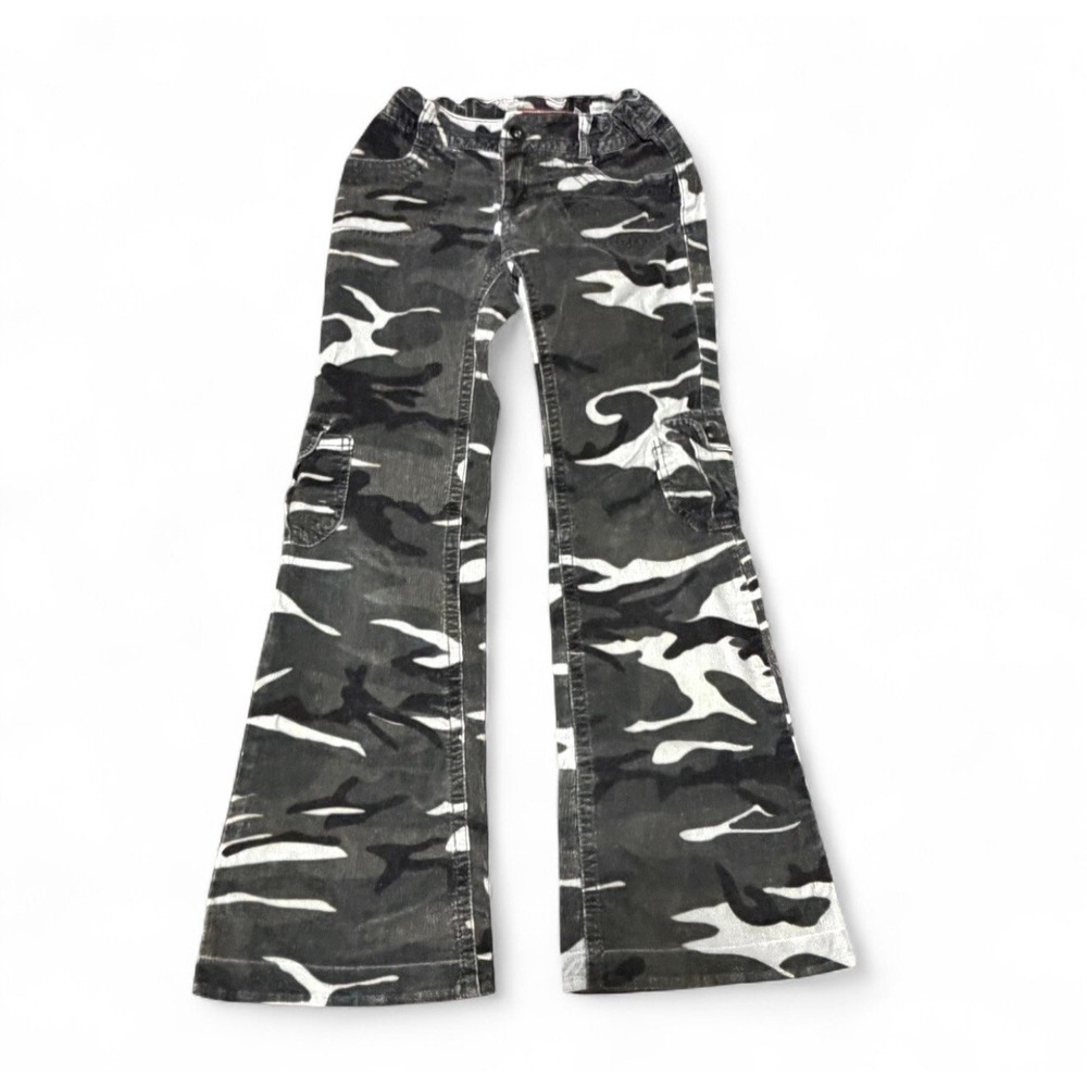 Unionbay Girls Cord Gray Camo Flare Jeans Size 10 Regular Y2K Low Rise Bootcut